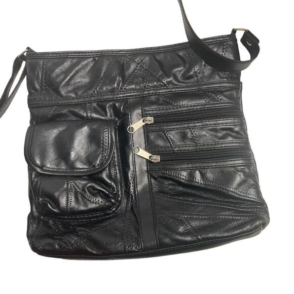 Genuine Patch Leather Crossbody Black 10X2X10 - Picture 1 of 10